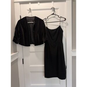 Vintage 60s Black Wool Cocktail Dress & Bolero Set  Rhinestone Straps | XS AS IS